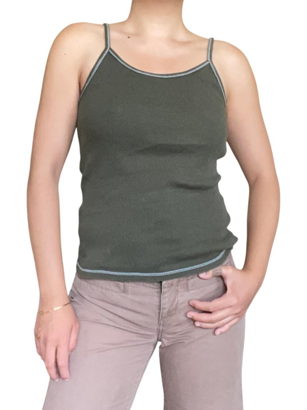 Abercrombie and Fitch Green Ribbed Spaghetti Strap Tank Top Patch Medium Y2K